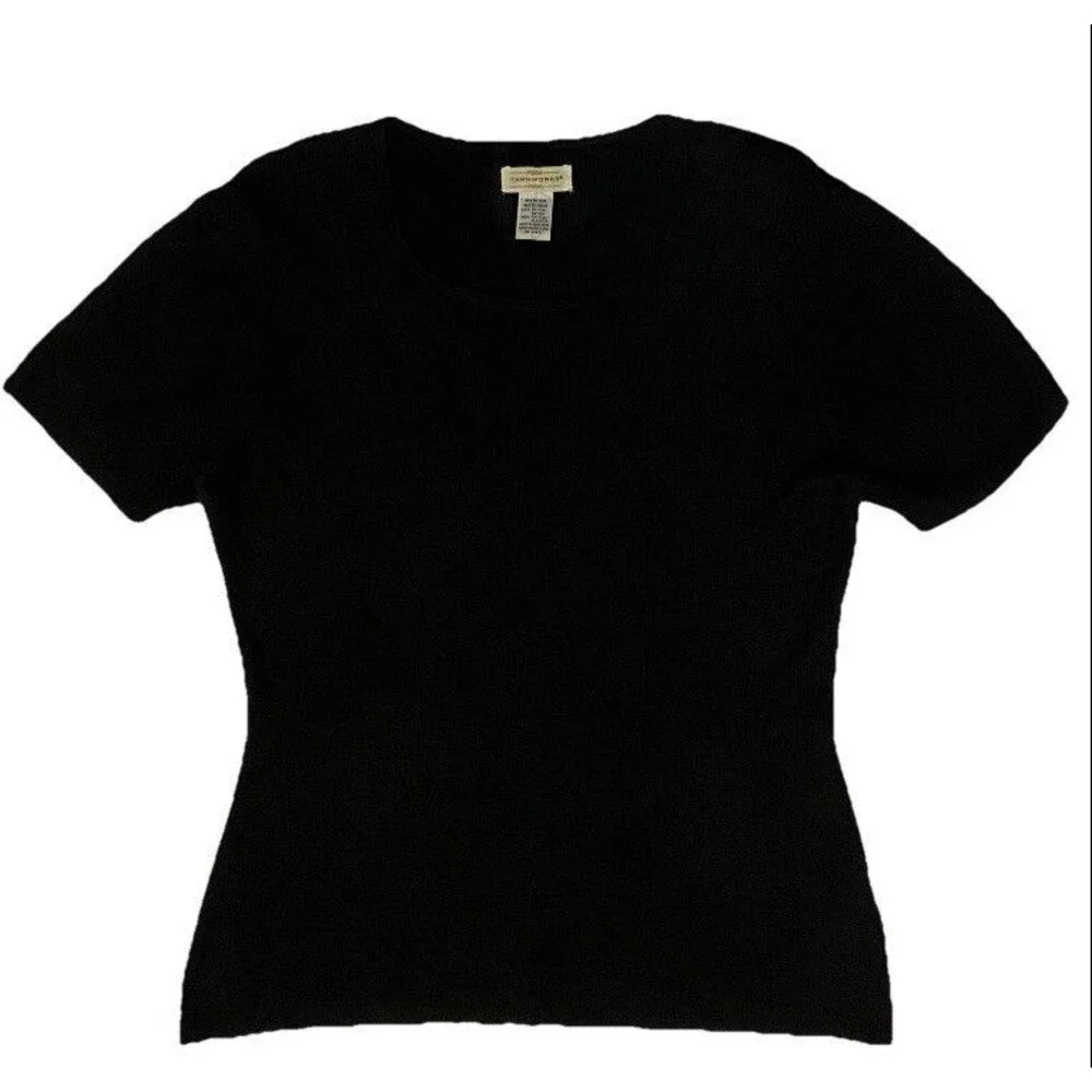 Yarn Works Womens M Black Short Sleeve Knit Textured Stretch Blouse Top Pullover